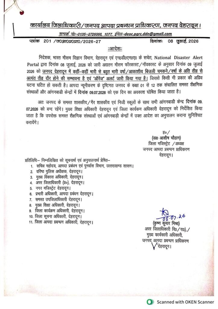 बड़ी खबर: देहरादून में कल 9 जुलाई को सभी स्कूल रहेंगे बंद, भारी बारिश के ऑरेंज अलर्ट पर डीएम का बड़ा फैसला